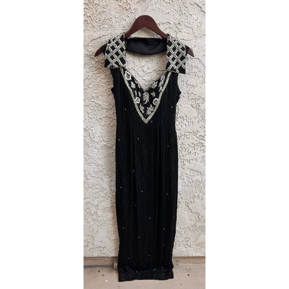 Vintage Claires Collection Black Beaded Evening Gown DressXS/S